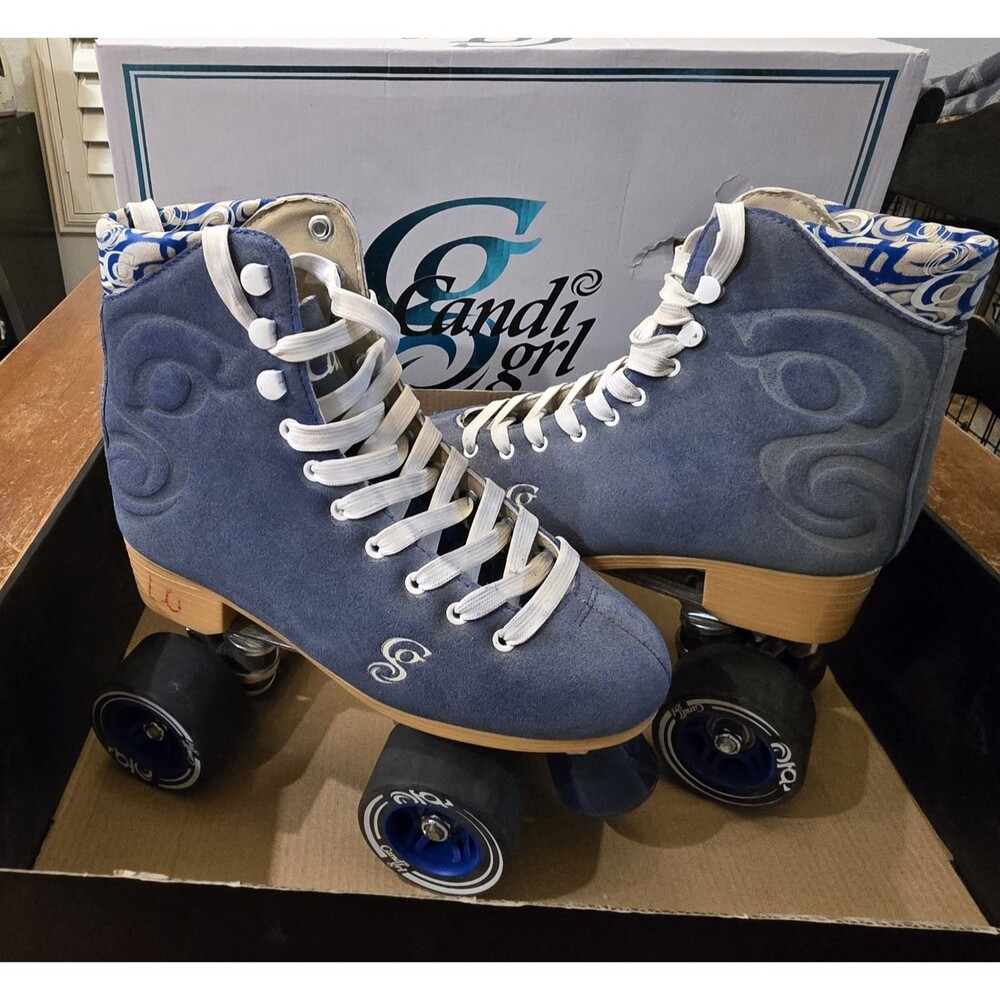 Candi Girl CARLIN Brushed Suede Electric Blue Quad Roller Skates, Size 6 Derby